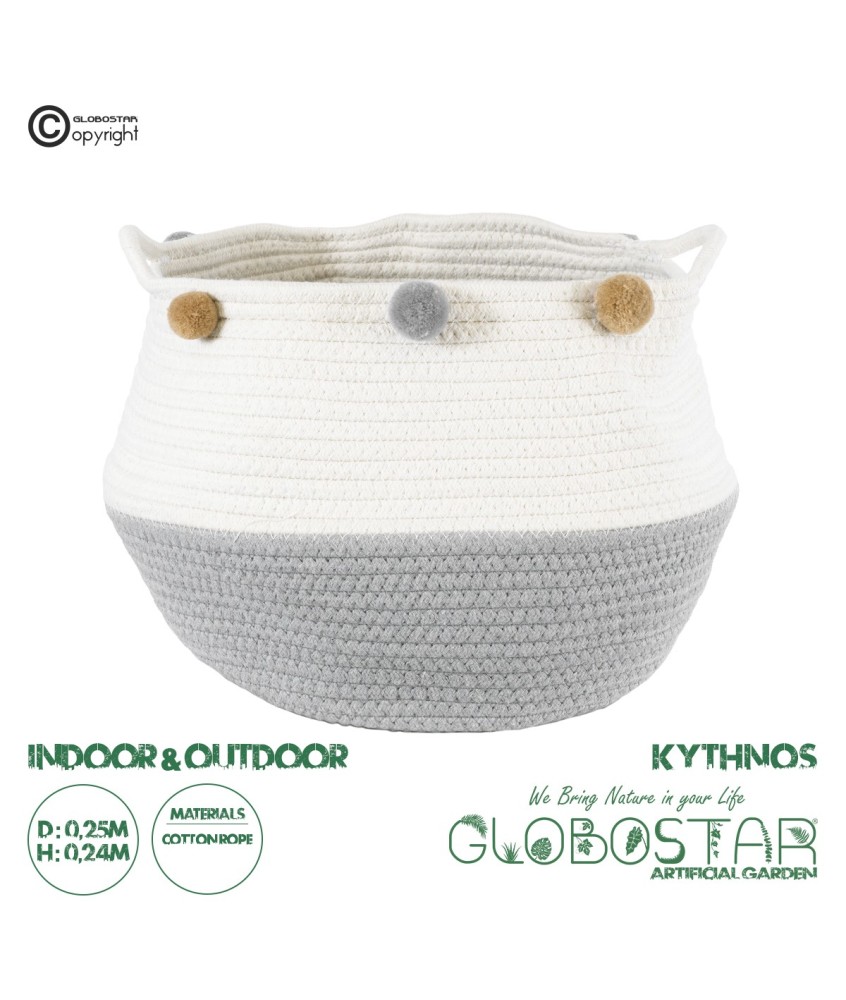 GloboStar® Artificial Garden KYTHNOS 20313 Διακοσμητικό Πλεκτό Καλάθι - Κασπώ Γλάστρα - Flower Pot Γκρι με Λευκό Φ25cm x Υ24cm